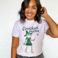 Graphic tee that says 'Croakus Pocus' with frogs in costume – funny Halloween shirt
