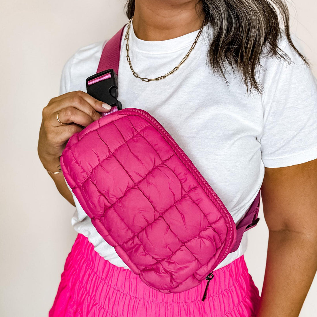 dark pink quilted crossbody belt bag for women’s everyday use