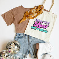 Brown t-shirt, denim shorts, gold scarf, and 'Good Girls Read Dirty Books' tote bag on a white background