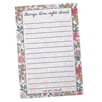 A lined notepad with a floral border, featuring the handwritten header 'Things I'm right about' and the phrase '.
