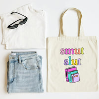 White tank top, blue jeans, black sunglasses, and a tote bag with colorful text and book illustrations on a white background.