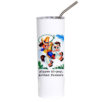 A white insulated tumbler with a clear lid and metal straw, featuring a cartoon cowboy riding a horse and the text 'yippee ki-yay, mother fuckers' on a plain white background.