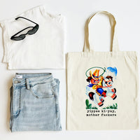 White tank top, blue jeans, sunglasses, and a tote bag with a colorful design and text on a white background.