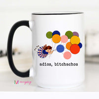 Adios Bitchachos funny ceramic coffee mug in a 15 oz black rim and handle style
