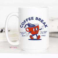 White mug with a cartoon coffee cup character and 'Coffee Break' text on a white background