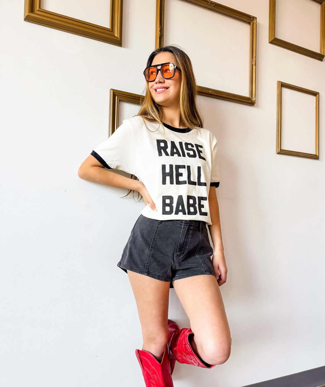 Woman wearing a t-shirt with &