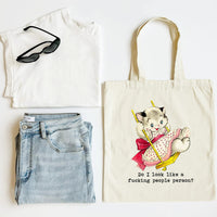 White tank top, blue jeans, sunglasses, and a tote bag with a cat illustration on a white background