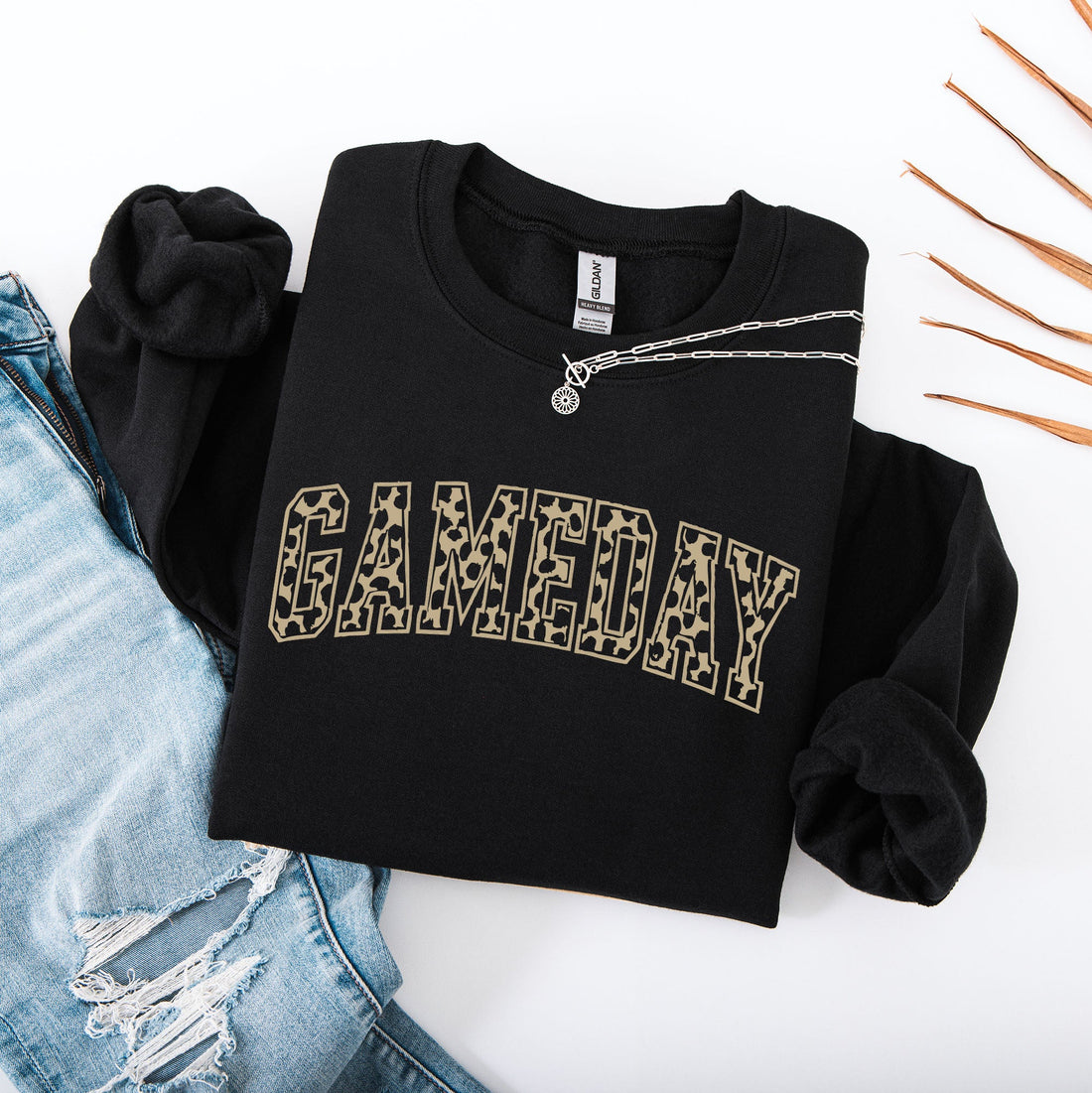 Black sweatshirt with leopard print GAMEDAY graphic – cozy football game day outfit