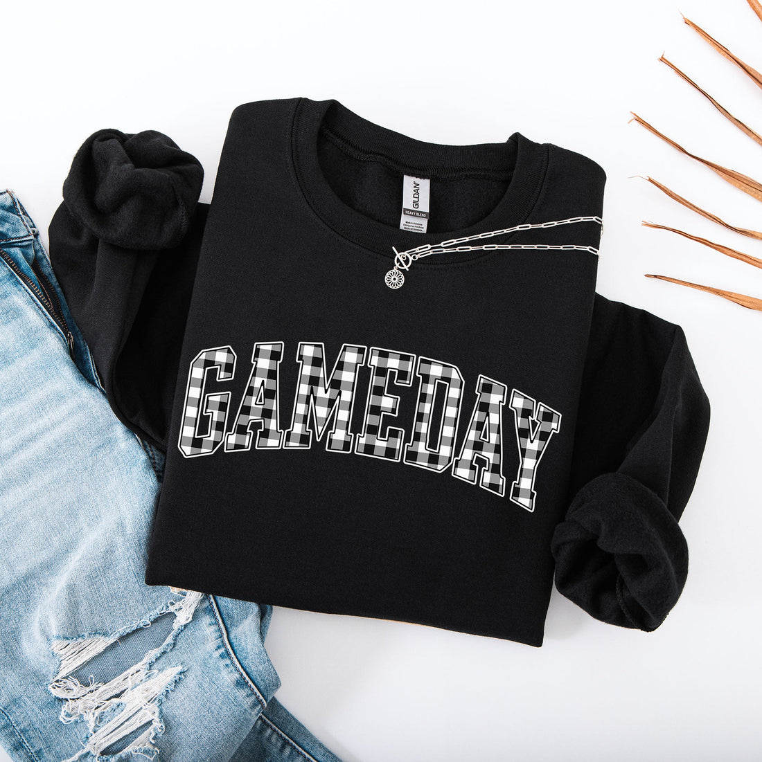 Black sweatshirt with gingham GAMEDAY text – preppy football outfit