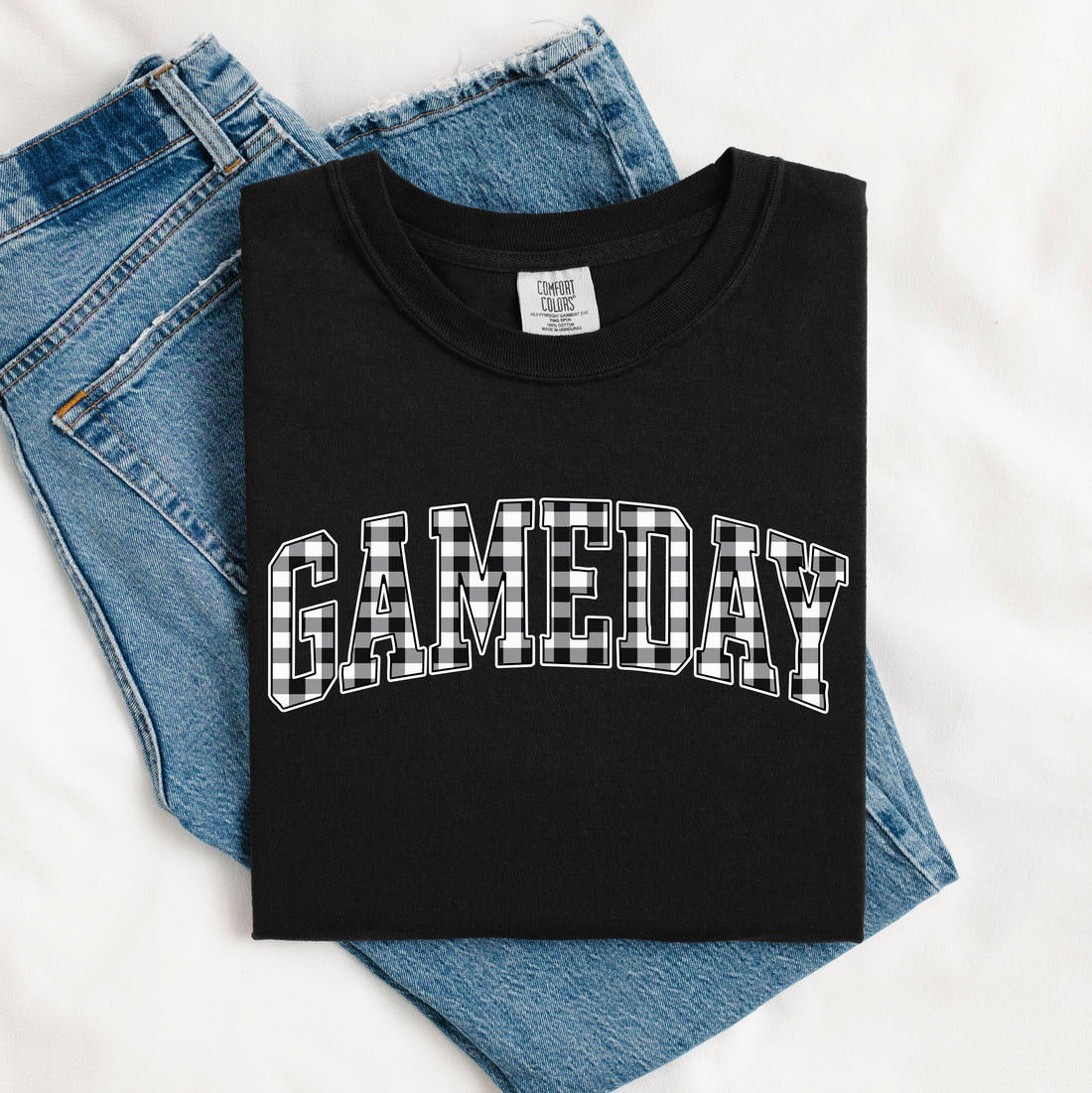 Black comfort colors gameday tee with gingham print – cute football outfit for fall