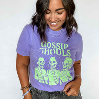 Graphic tee that says 'Gossip Ghouls' with ghost design – pop culture Halloween shirt