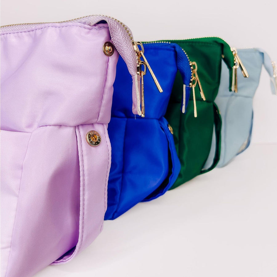 lilac, royal blue, green, light blue cosmetic bag