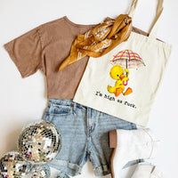 T-shirt, shorts, scarf, and tote bag with a duck graphic on a white background