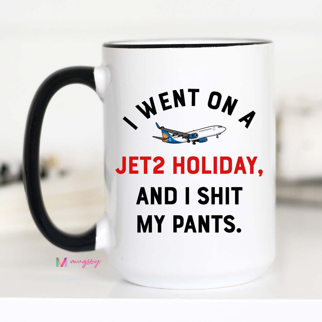 Viral TikTok Jet2 mug with bold black text – perfect gift for chaotic friends, coworkers, or holiday disasters