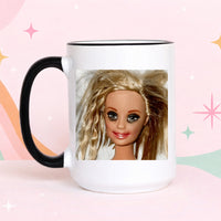 funny messy hair doll coffee mug chaotic meme humor retro doll mug