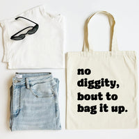 White tank top, blue jeans, black sunglasses, and a tote bag with text on a white background