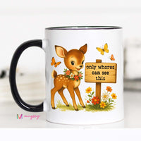 Mug with a cartoon deer and sign on a white background