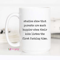 White mug with humorous text on a white background