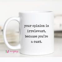 White mug with black text on a white background