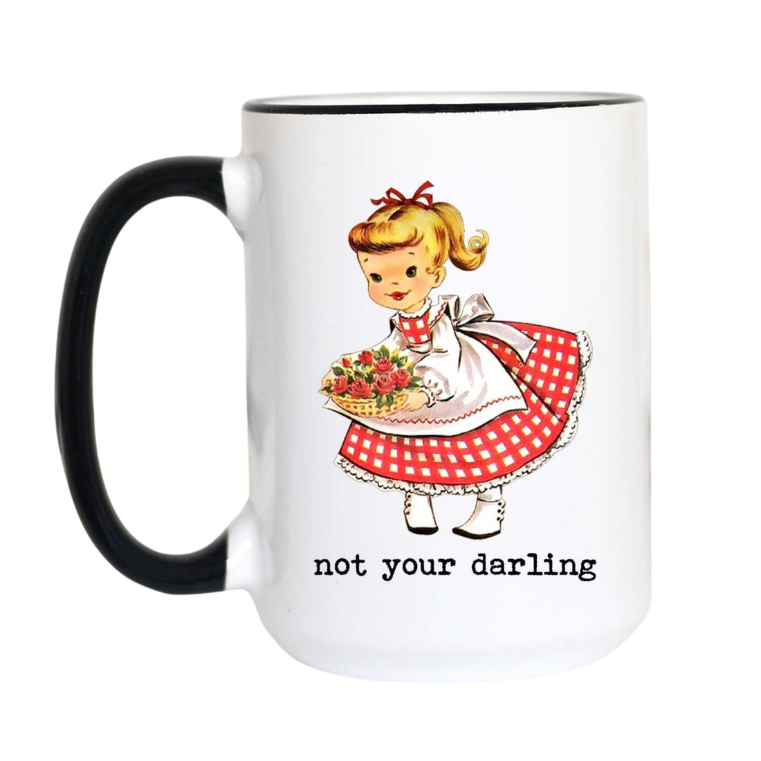 A white ceramic mug with a black handle and black rim, featuring a retro illustration of a girl in a red and white gingham dress holding a basket of strawberries, with the text &