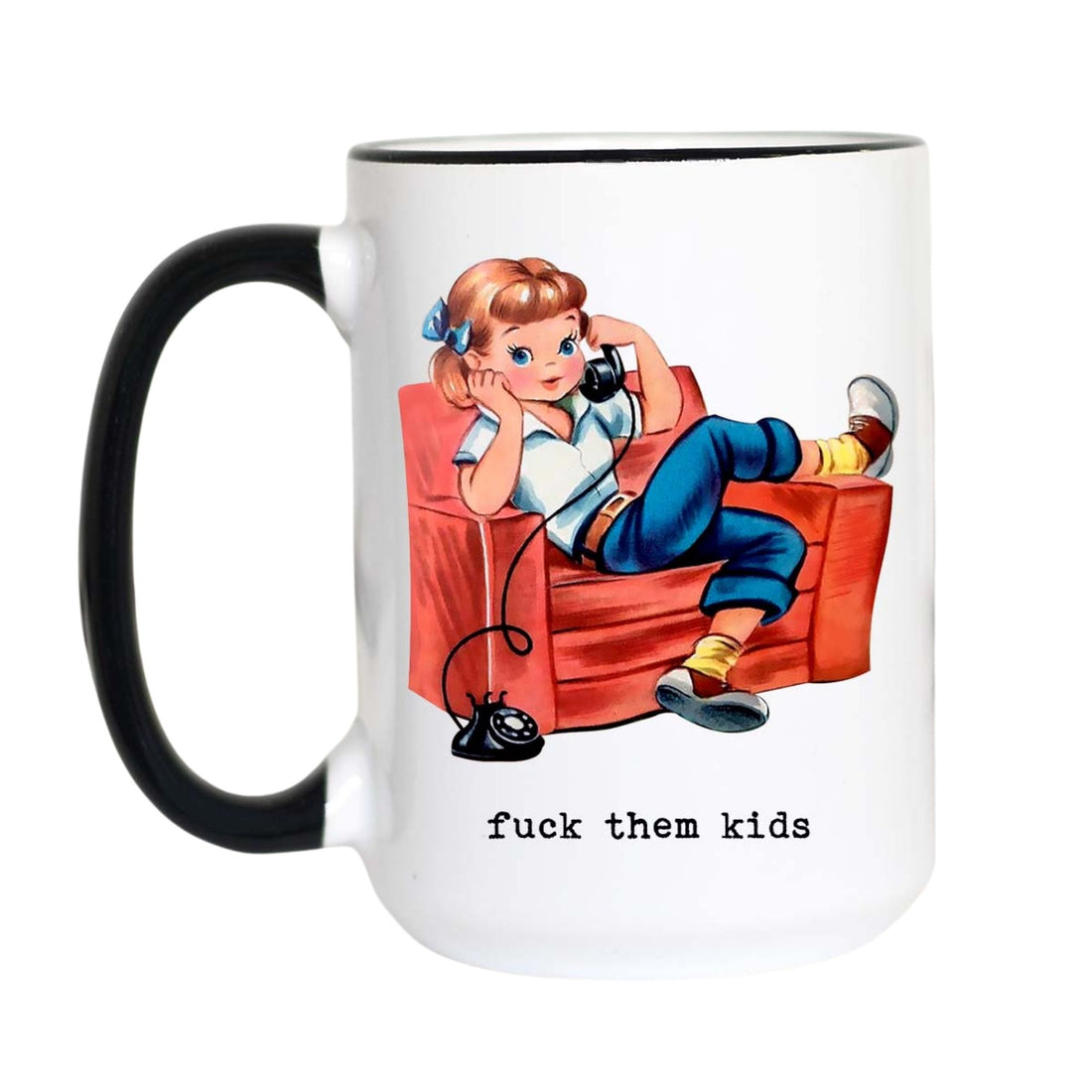 A white ceramic coffee mug with a black handle and black rim, featuring a retro-style illustration of a girl sitting on a red couch talking on a telephone, with the text &