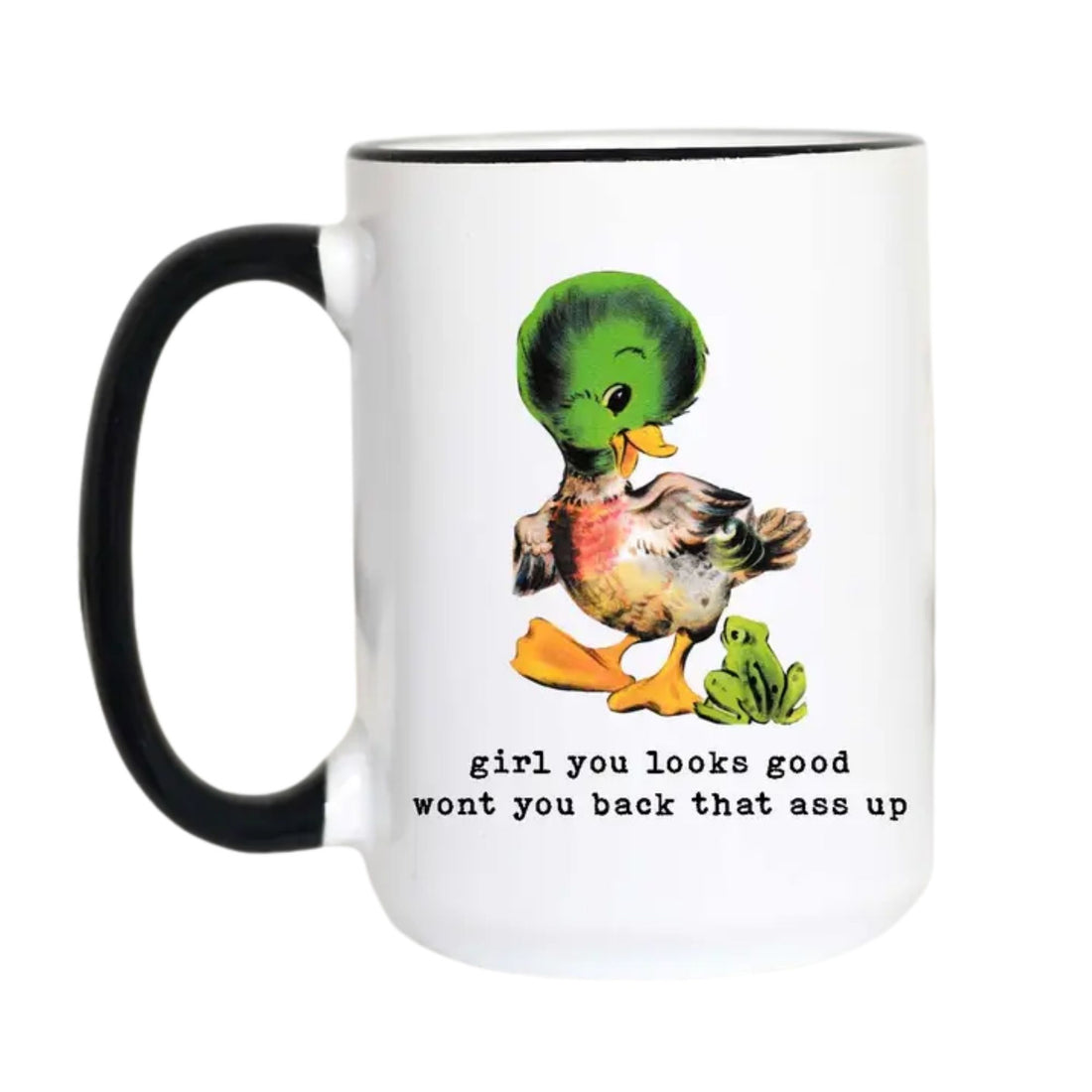 A white ceramic coffee mug with a black handle and black rim, featuring a cartoon illustration of a green-headed duck and a small green frog with the text &