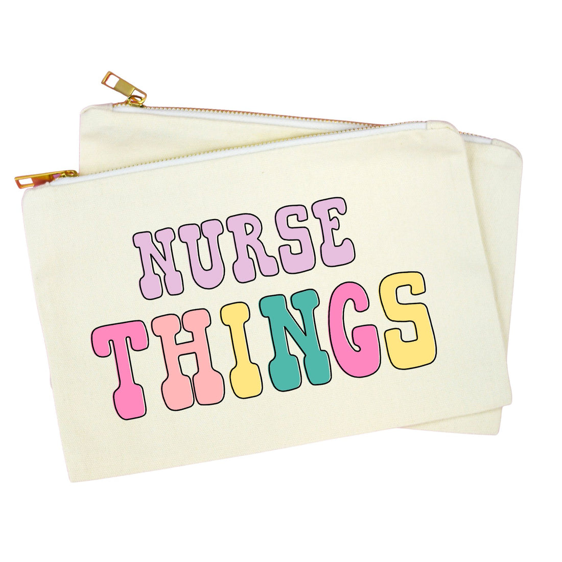 An off-white canvas zippered pouch with the words &