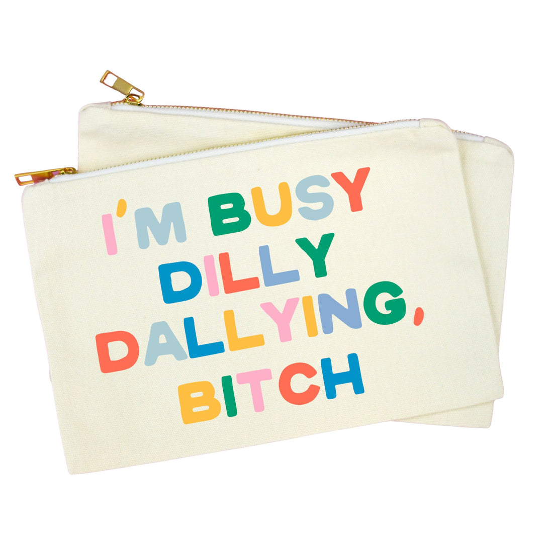 An off-white canvas zippered pouch with gold-tone zippers and a colorful text graphic reading &