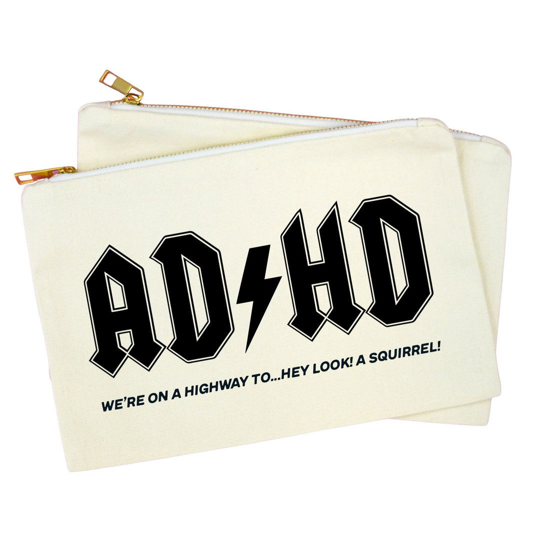 An off-white canvas zippered pouch featuring a black graphic print that reads &