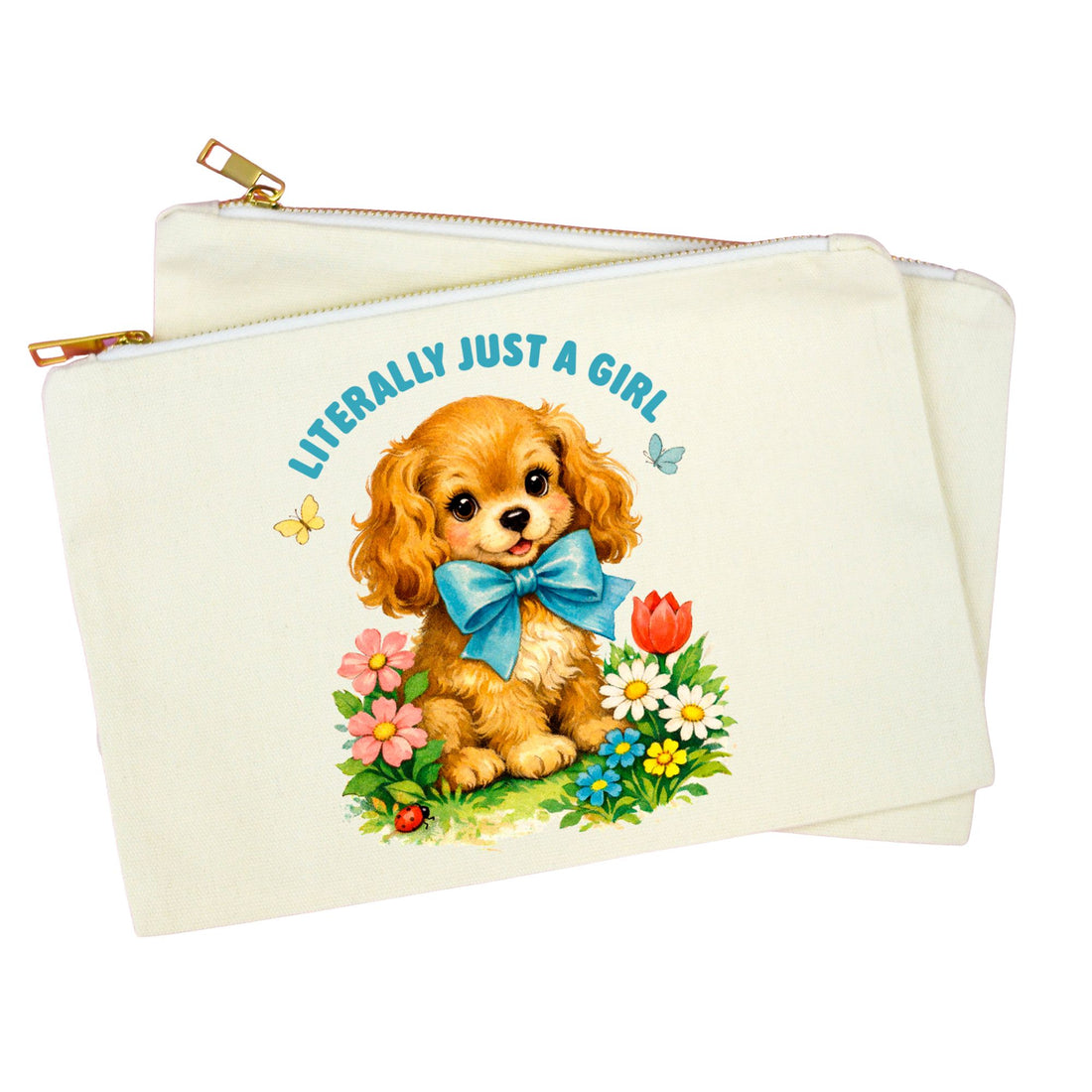 An off-white canvas zipper pouch featuring a cartoon illustration of a brown puppy with a blue bow tie, surrounded by flowers, with the text &
