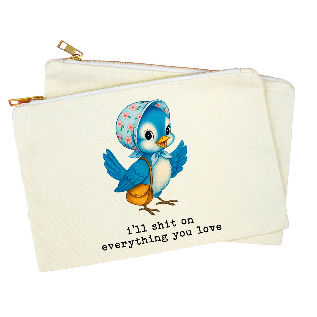 An off-white canvas zipper pouch featuring a cartoon illustration of a blue bird wearing a floral bonnet and carrying an orange purse, with the text &