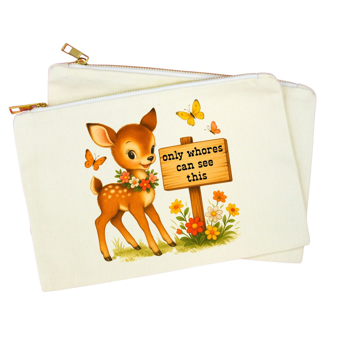 An off-white canvas zipper pouch featuring a cartoon illustration of a fawn next to a wooden sign that reads &