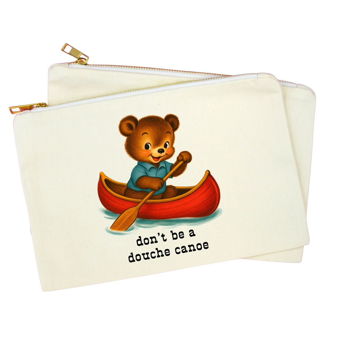 An off-white canvas zippered pouch featuring a cartoon illustration of a brown bear in a red canoe with the text &