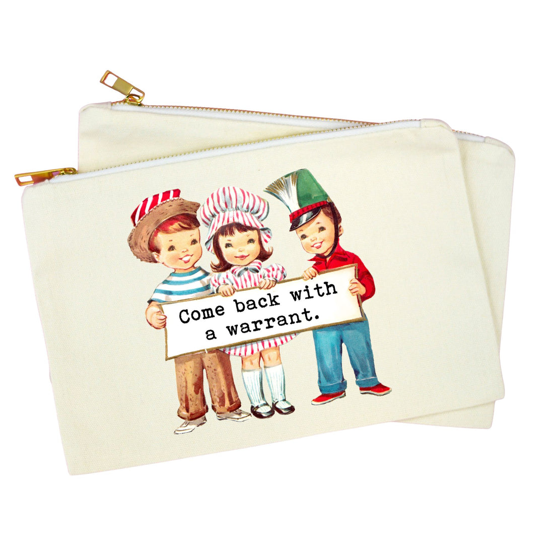 An off-white canvas zipper pouch with a gold zipper, featuring a vintage-style illustration of three children holding a sign that reads &