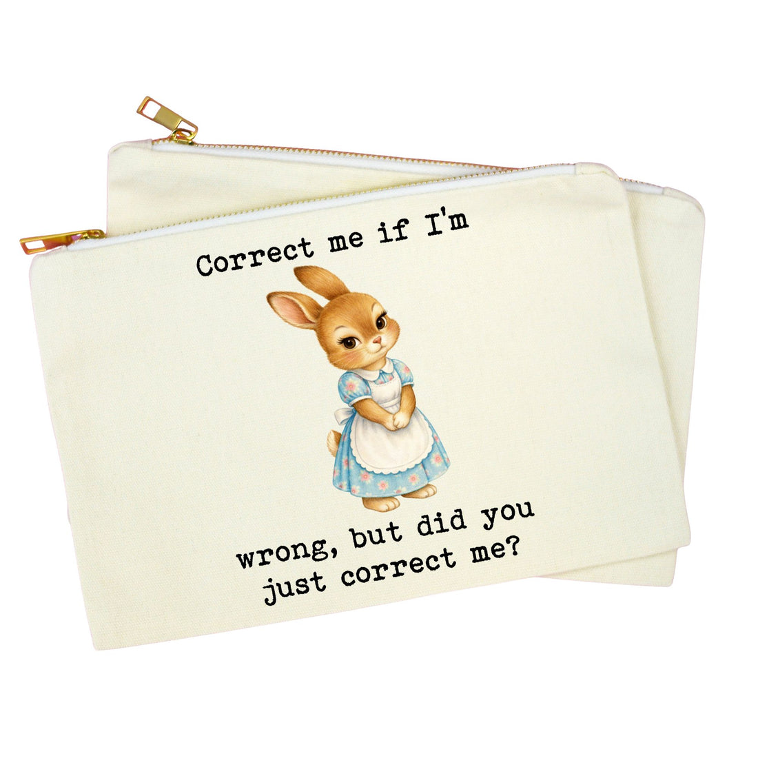 An off-white canvas zippered pouch featuring a vintage-style illustration of a rabbit in a blue dress with the text &