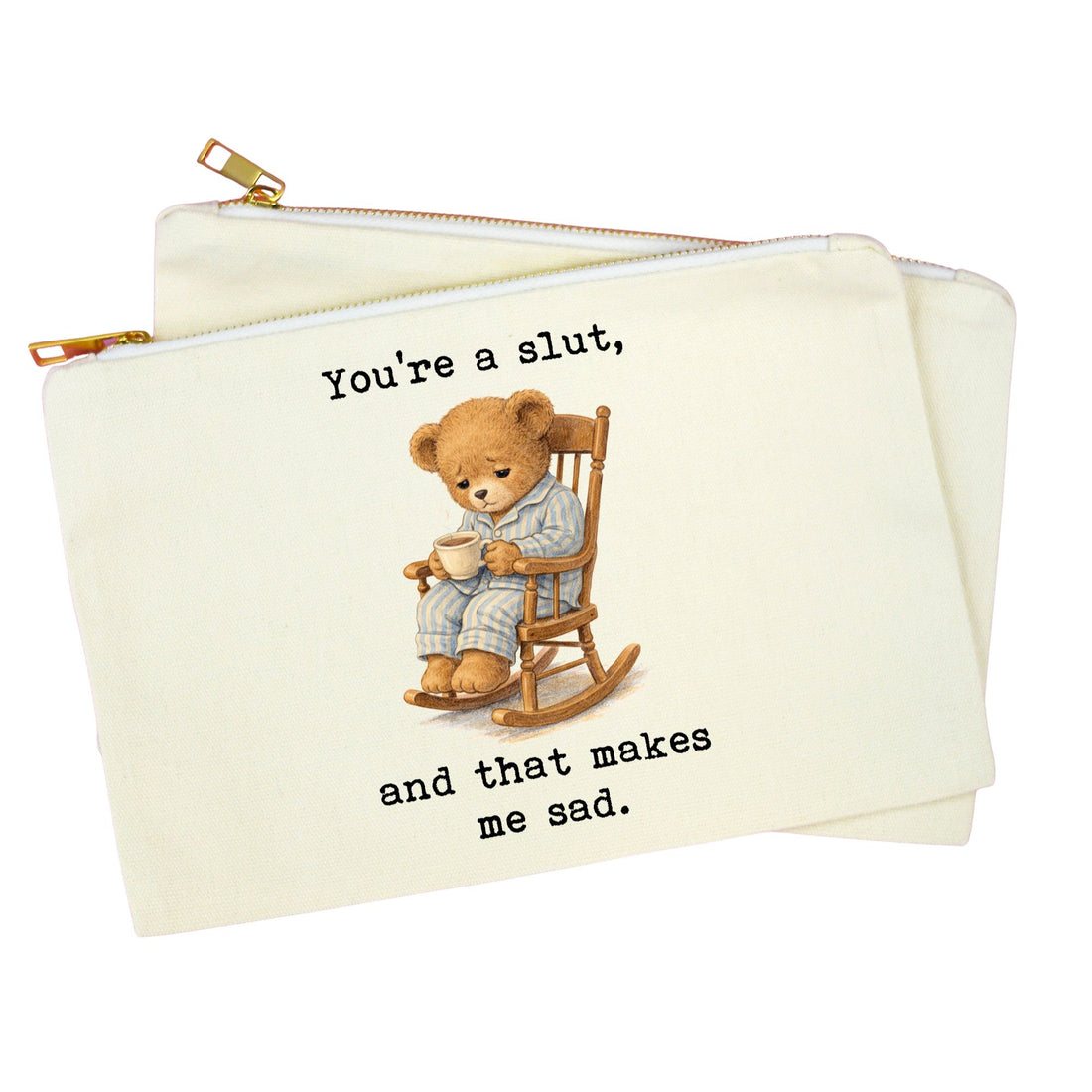 An off-white canvas zipper pouch featuring a teddy bear illustration sitting in a rocking chair, with the text &