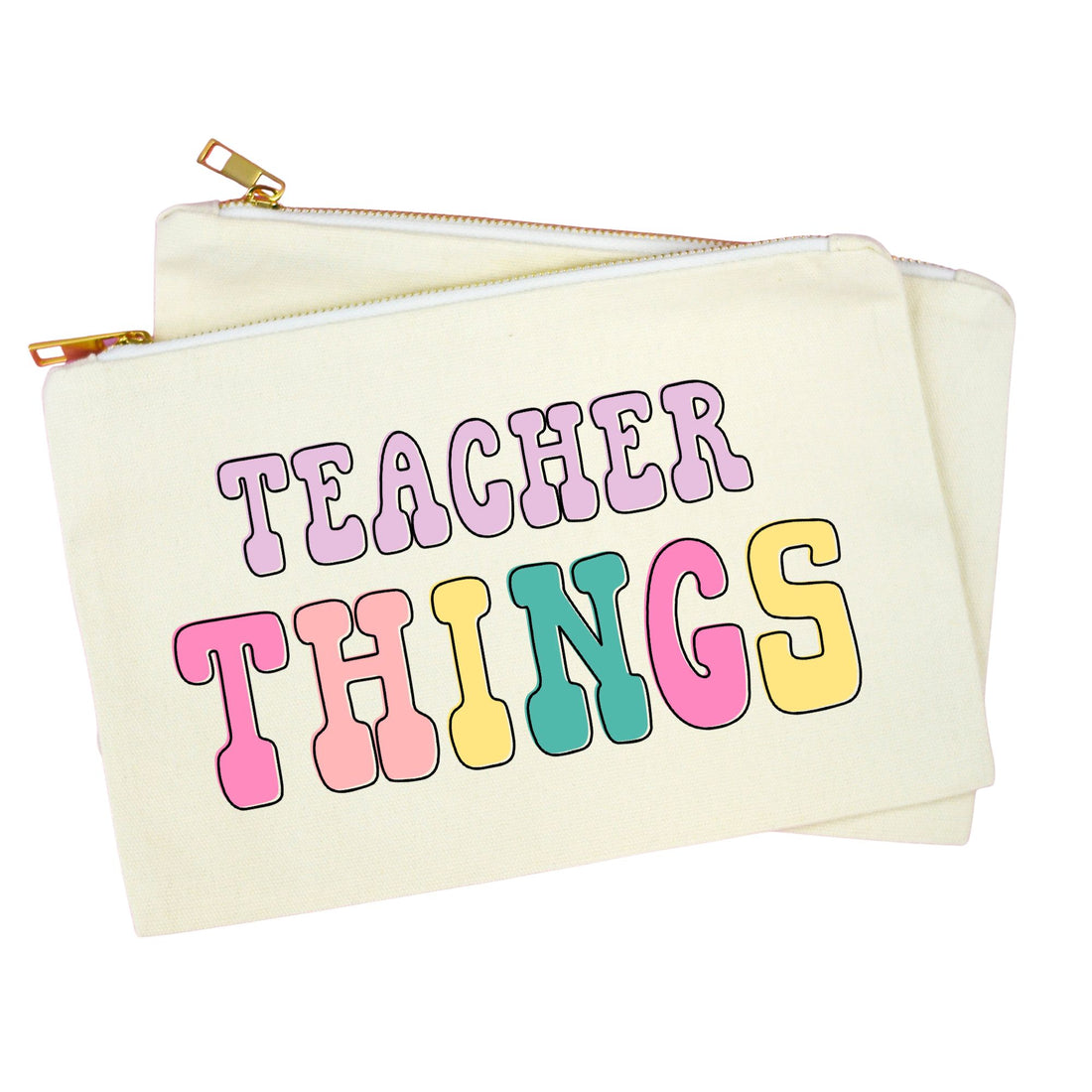 An off-white canvas zippered pouch with gold-tone zippers, featuring the words &