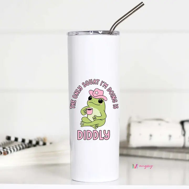 Tall stainless steel travel cup with frog that says &