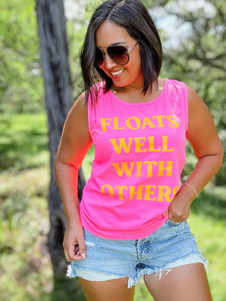 Tank top that says 'Floats Well With Others' – funny summer lake and river shirt