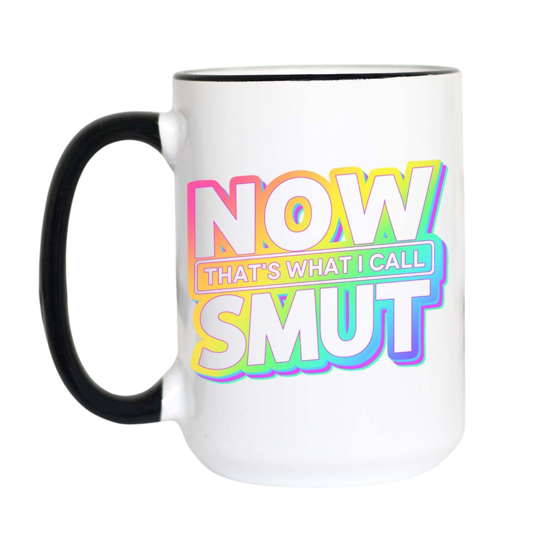 A white ceramic coffee mug with a black handle and black rim, featuring a colorful graphic that reads &