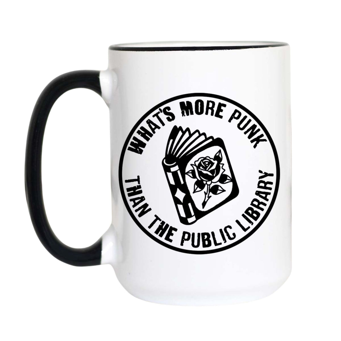 A white ceramic mug with a black handle and black rim, featuring a circular black graphic on the side that reads &