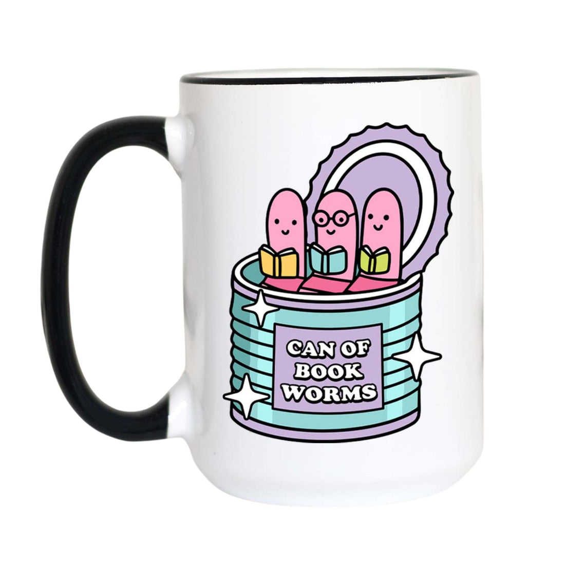 A white ceramic mug with a black handle and black rim, featuring a colorful cartoon graphic of three pink bookworms reading inside a can labeled &