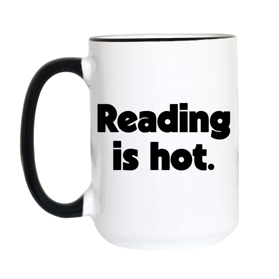 A white ceramic coffee mug with a black handle and black interior rim, featuring the text &