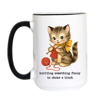 Funny knitting cat coffee mug featuring a vintage kitten knitting with red yarn and the quote "Knitting Something Fancy to Choke a Bitch."