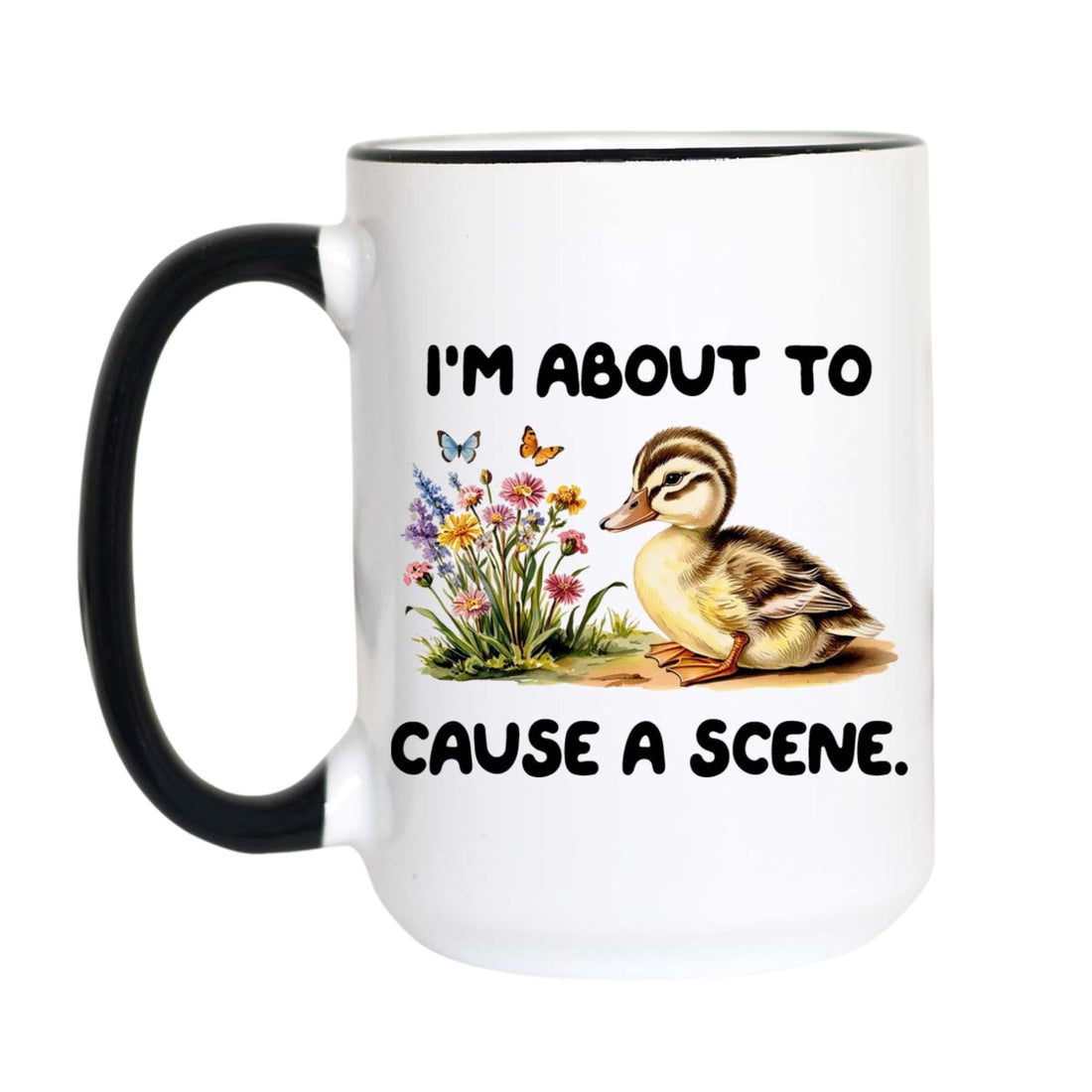 Funny duck coffee mug featuring a vintage duckling surrounded by wildflowers with the quote "I&
