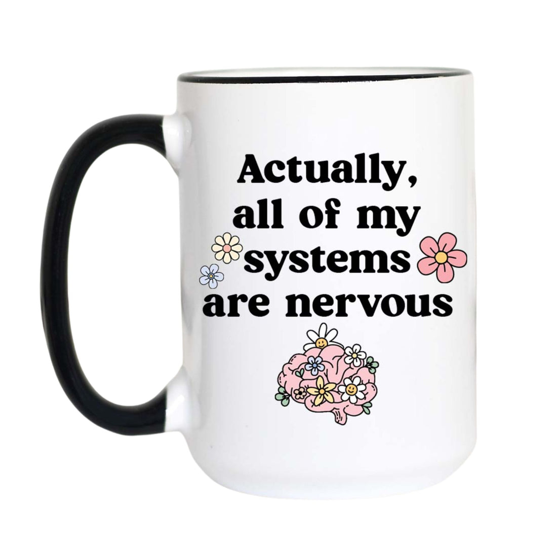 A white ceramic mug with a black handle and black rim, featuring the printed text &