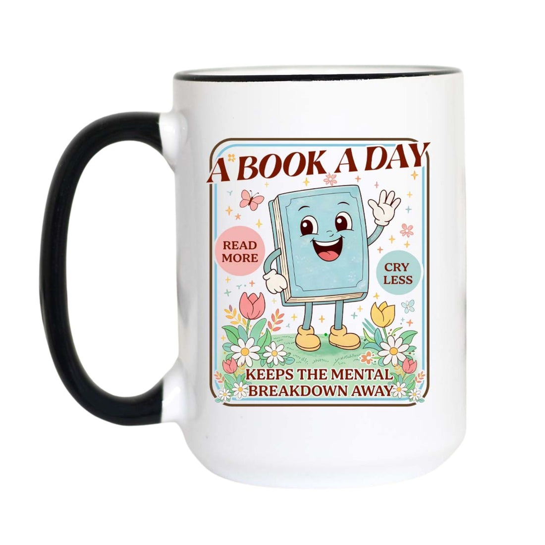 A white ceramic coffee mug with a black handle and black rim, featuring a colorful cartoon graphic of a book character with the text &
