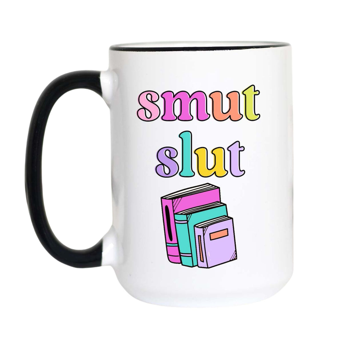 A white ceramic coffee mug with a black handle and black rim, featuring the text &