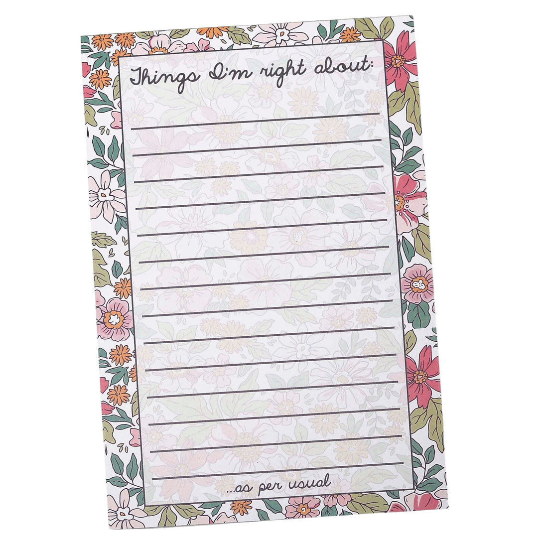 A lined notepad with a floral border, featuring the handwritten header &