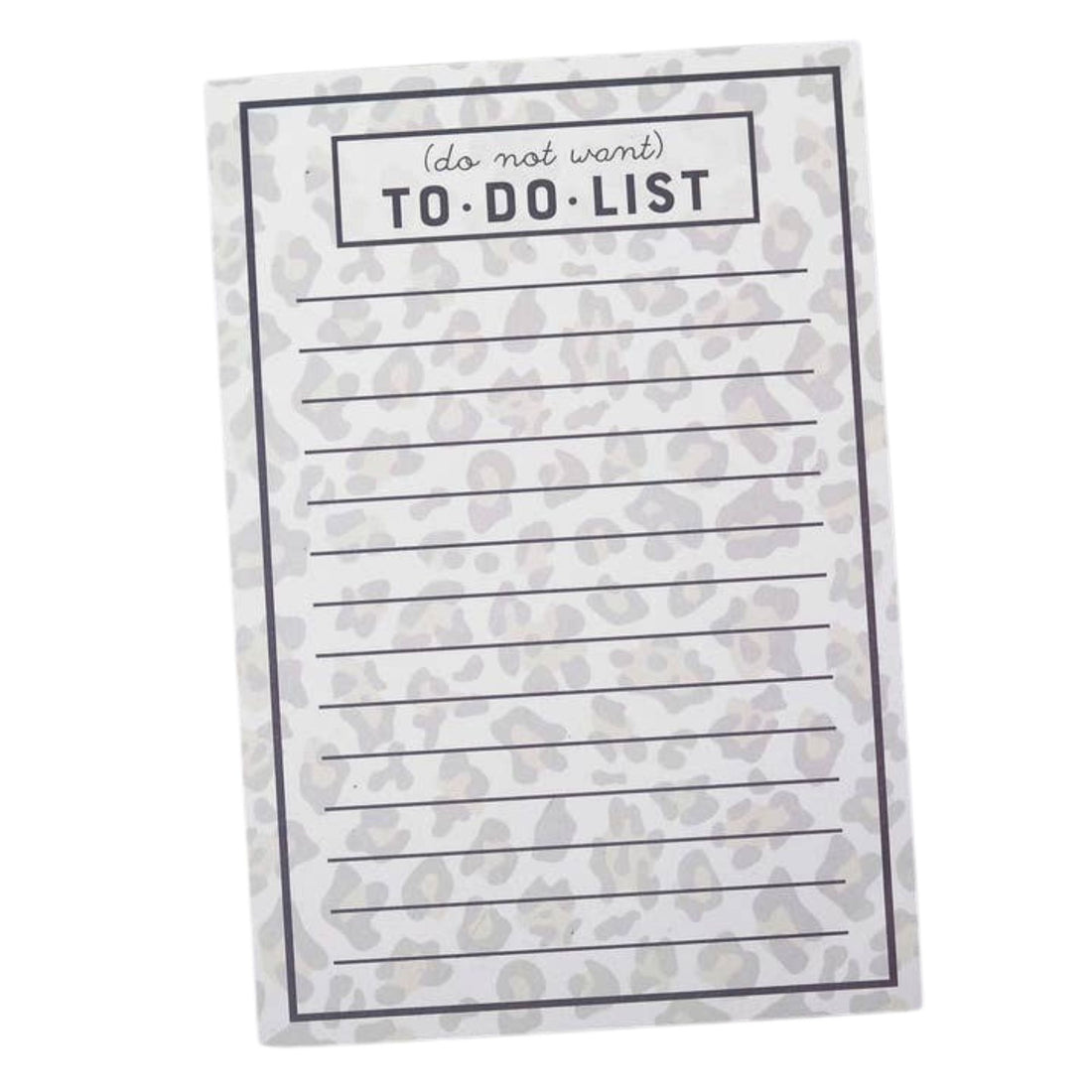 A lined notepad with a gray and white leopard print pattern, featuring a header that reads &